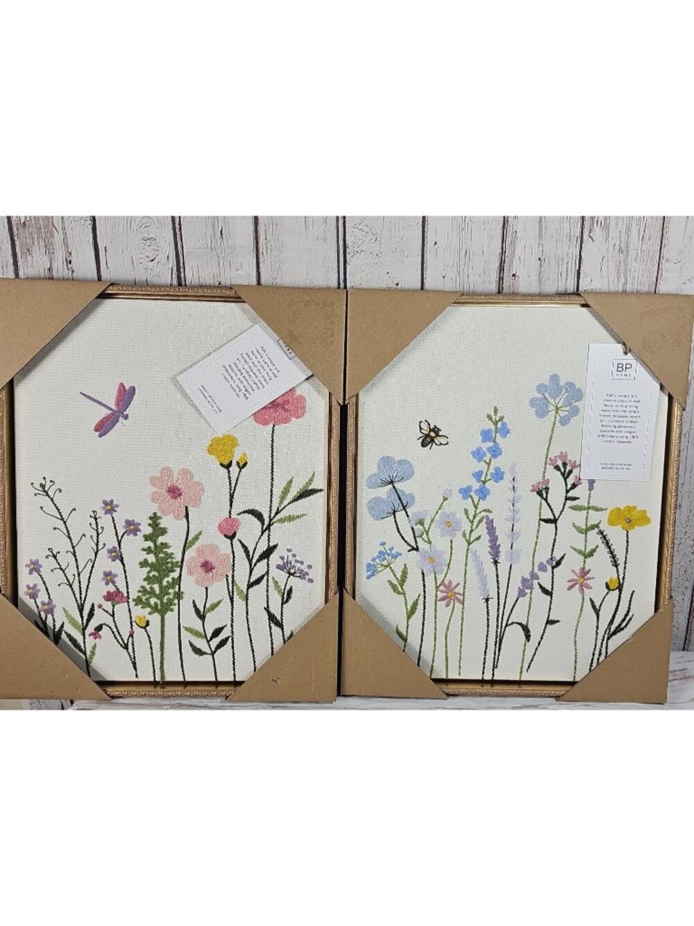 BP Home Embroidered Woven Wall Art 2 Piece Set Wildflowers Nature 12”x15” New